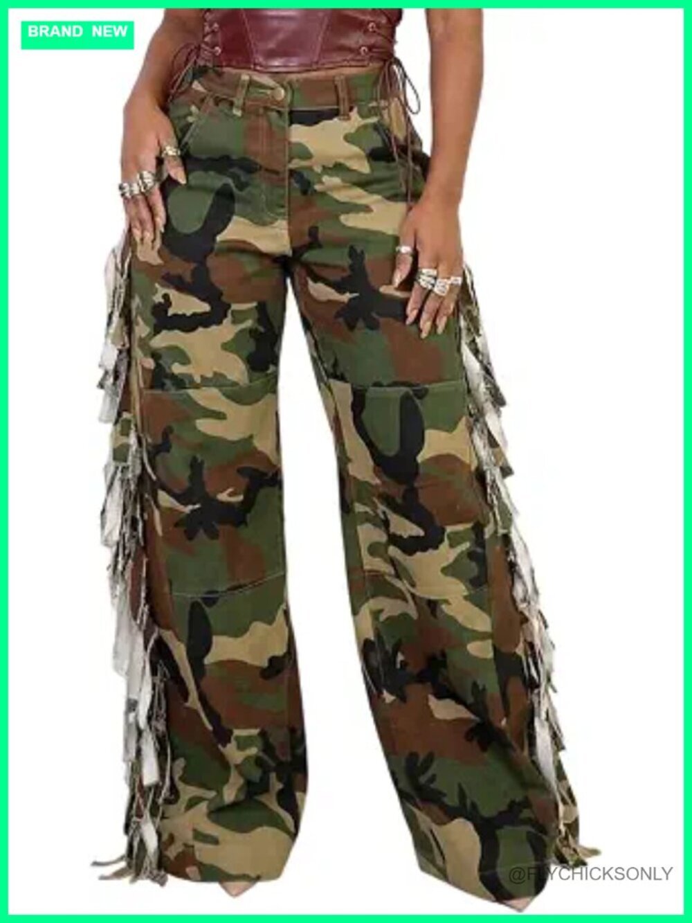 Fringe Camo Pants High Waisted Wide Leg Patchwork Y2k Baggy Army Fatigue